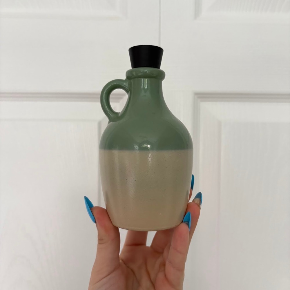 Vintage Ceramic Whiskey Jug Two Tone Green Tan Stoneware Decorative Mini Crock
